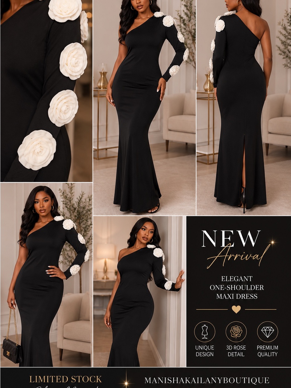 ManishaKailanyBoutique One-Shoulder Black Maxi Dress with White 3D Rose Accents